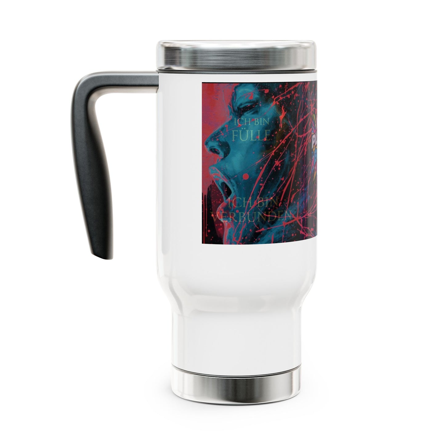14oz Stainless Steel Travel Mug — Neon Abstract Face "Ich Platze Bosh Ey"