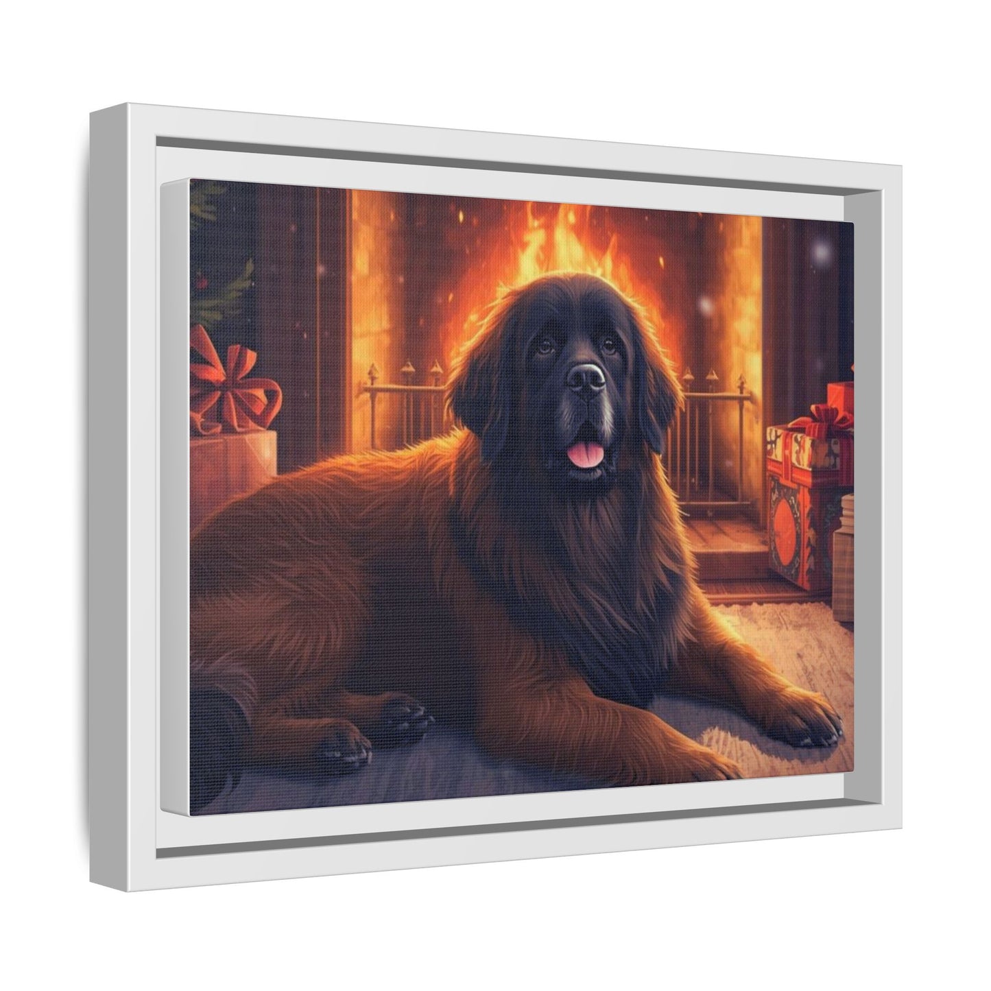 Framed Matte Canvas - Cozy Fireplace Newfoundland Dog Art Print