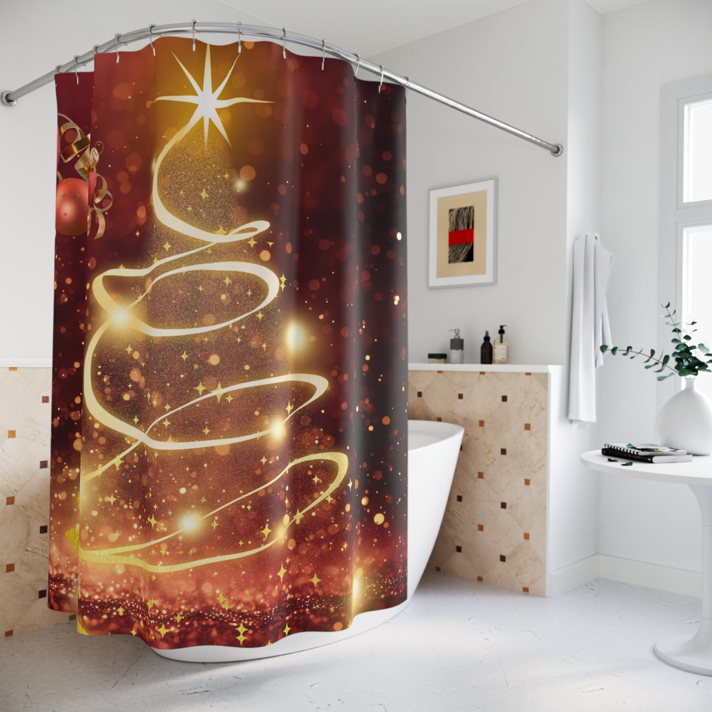 Festive Holiday Shower Curtain with Christmas Tree Design, Christmas Decoration, Holiday Home Decor, Bathroom Accessories, Gift Idea