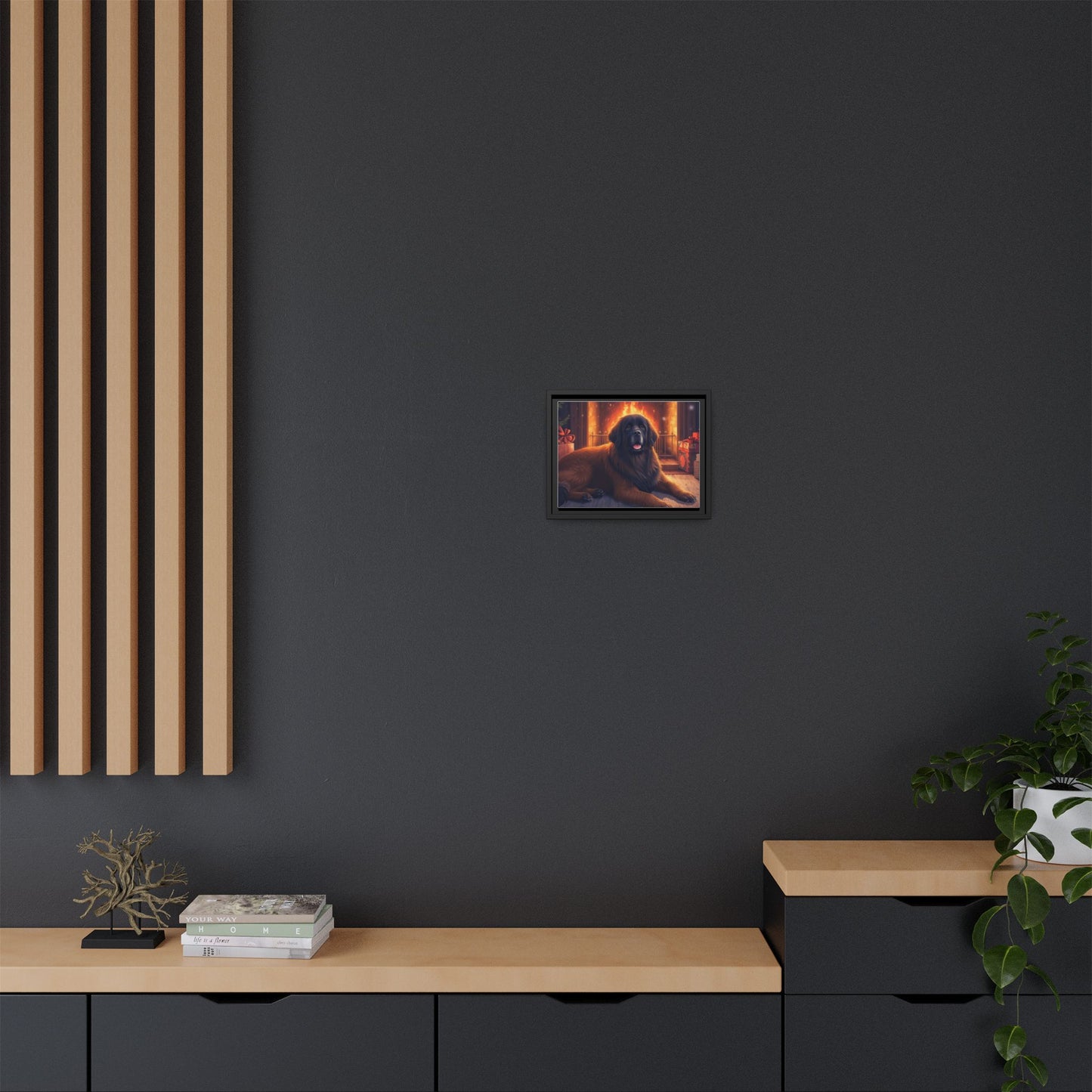 Framed Matte Canvas - Cozy Fireplace Newfoundland Dog Art Print