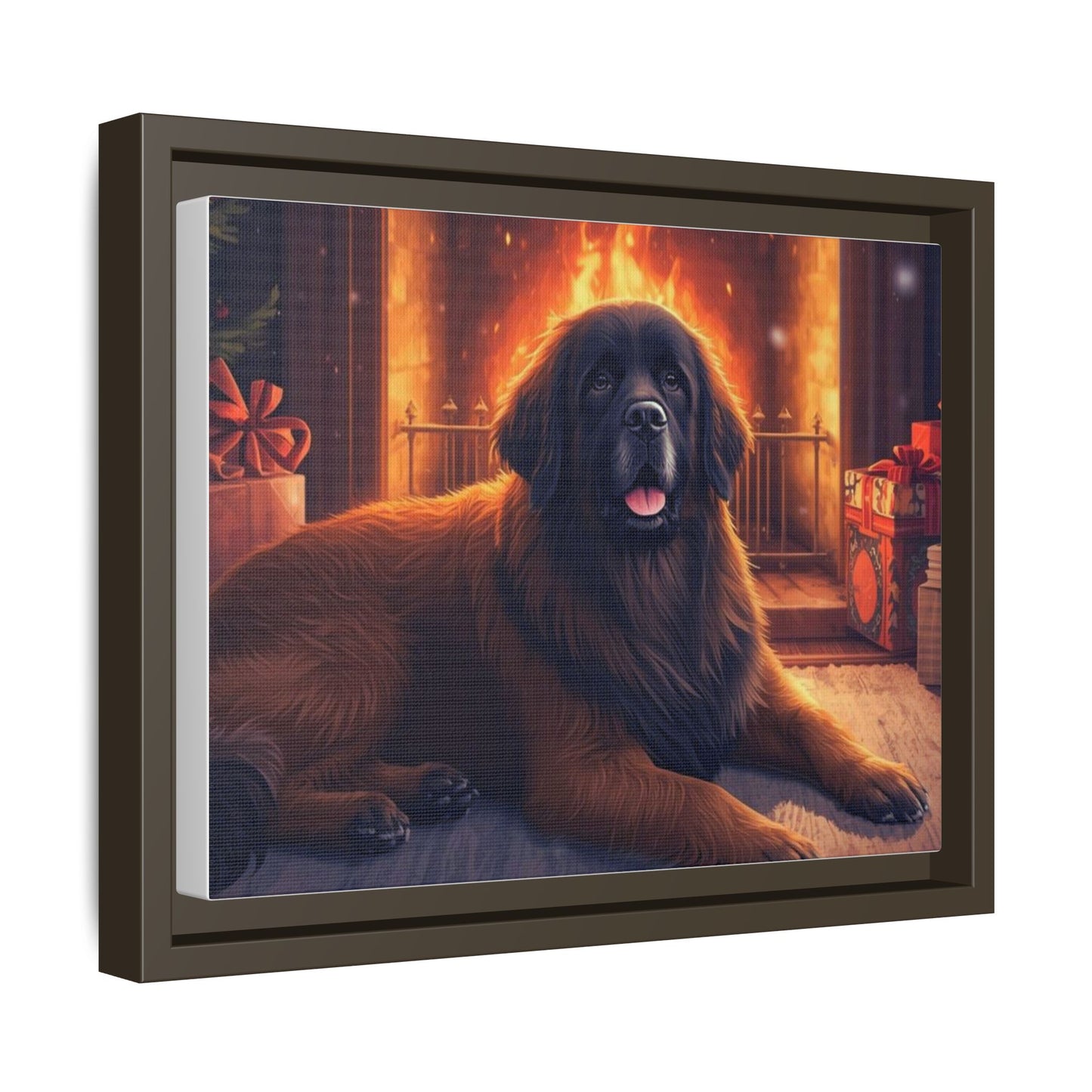 Framed Matte Canvas - Cozy Fireplace Newfoundland Dog Art Print
