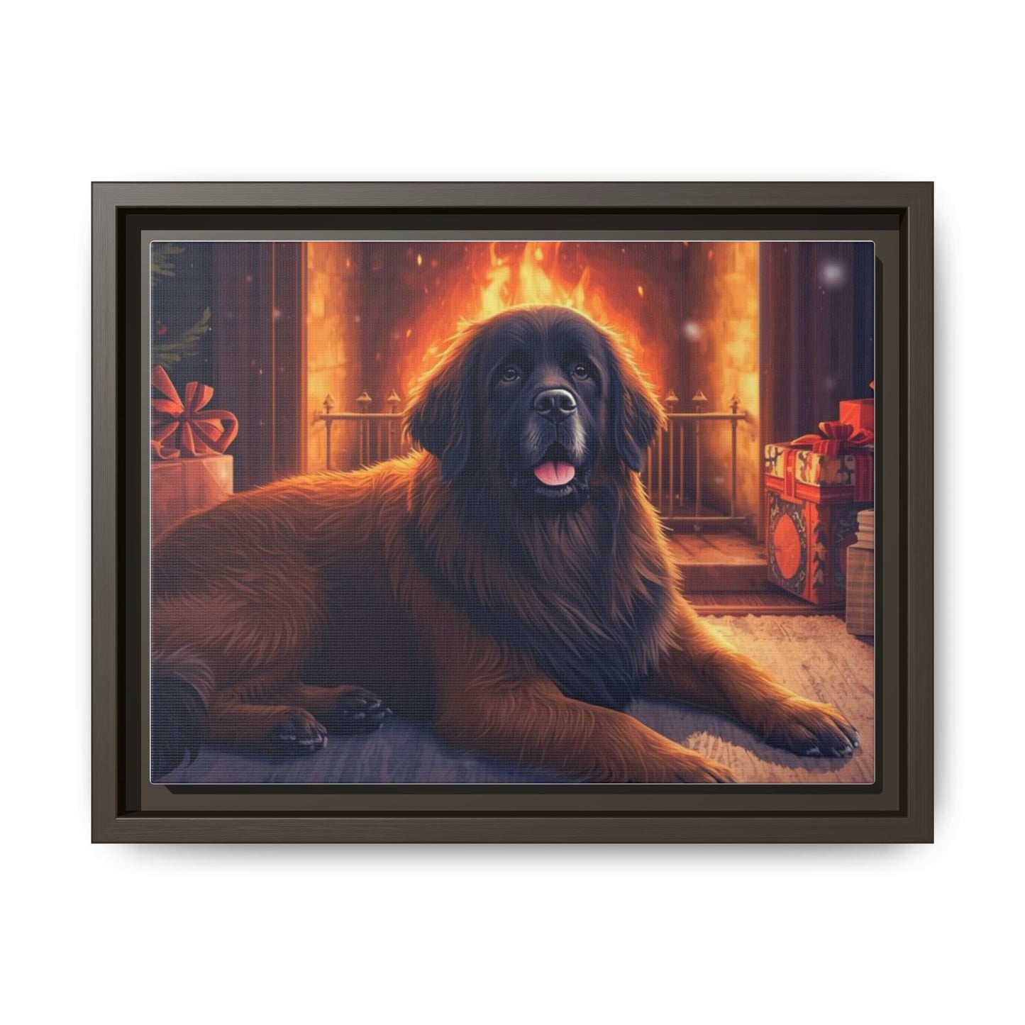 Framed Matte Canvas - Cozy Fireplace Newfoundland Dog Art Print