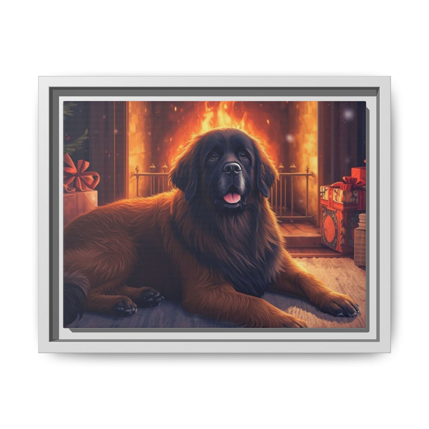 Framed Matte Canvas - Cozy Fireplace Newfoundland Dog Art Print