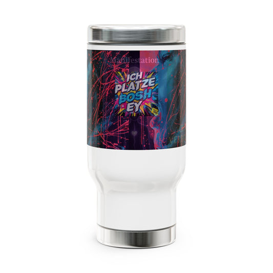 14oz Stainless Steel Travel Mug — Neon Abstract Face "Ich Platze Bosh Ey"