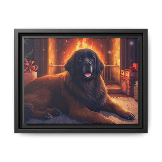 Framed Matte Canvas - Cozy Fireplace Newfoundland Dog Art Print