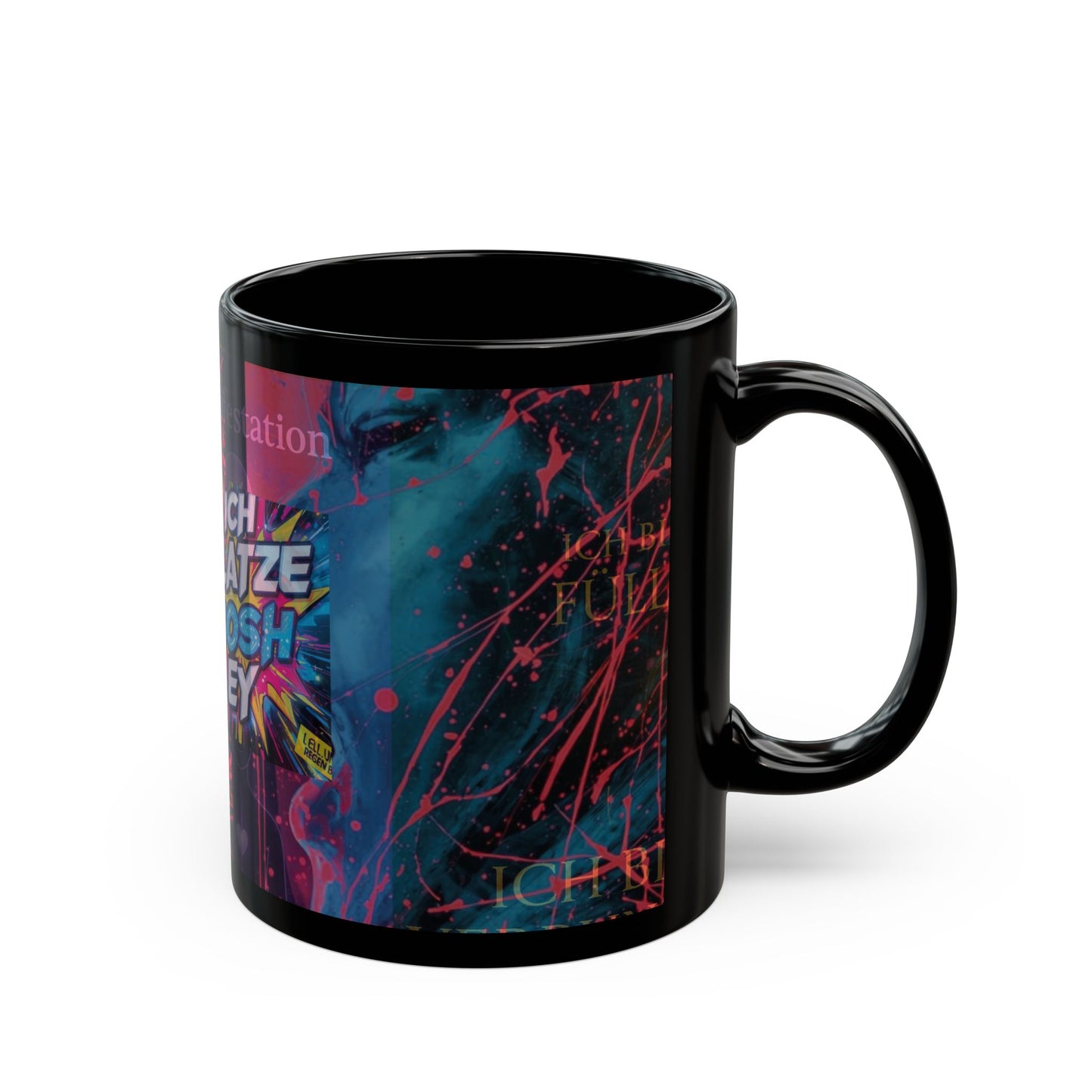 Black Ceramic Mug – "Ich Platze, Bosh Ey" Neon Graffiti Design (11oz, 15oz)